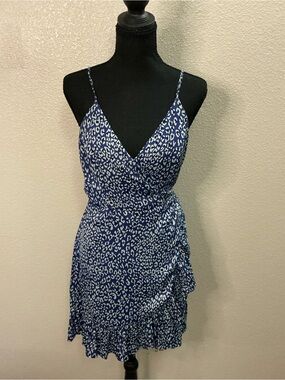 Navy Blue Leopard-Print Wrap Mini Dress with Ruffle Hem